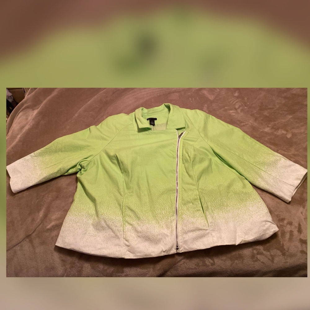 Lane Bryant’s green and white blazer it’s beautiful and rich in color.